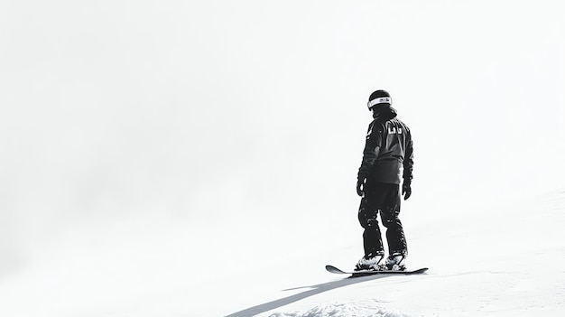 Photo a snowboarder stands on a snowy slope facing a bright white sky