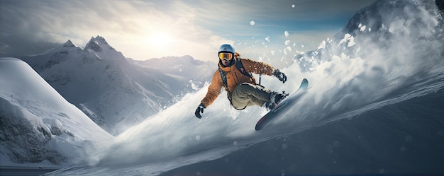 Snowboarder on winter slope in speed Snowboarder jumping through snowy air banner