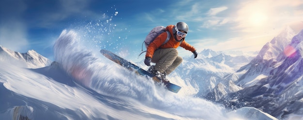 Snowboarder on winter slope in speed Snowboarder jumping through snowy air banner