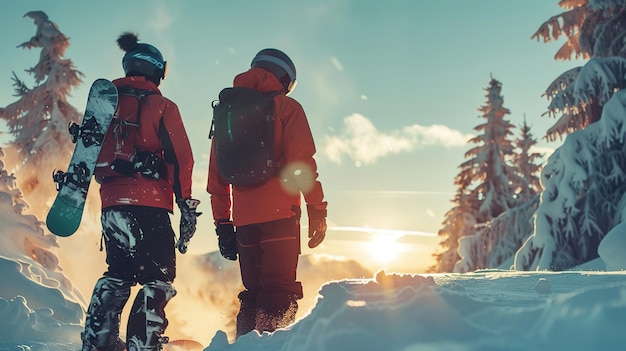 Snowboarders Enjoying the Sunset in the Mountains