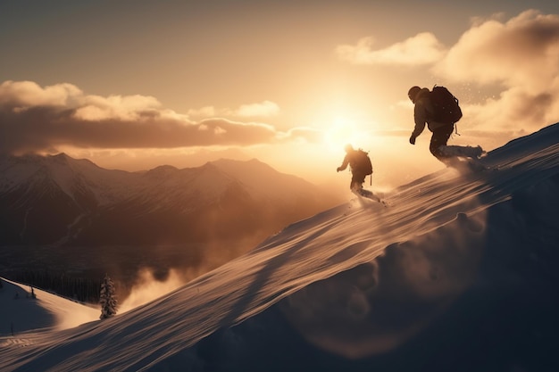 Snowboarders in a jump on a high mountain competition