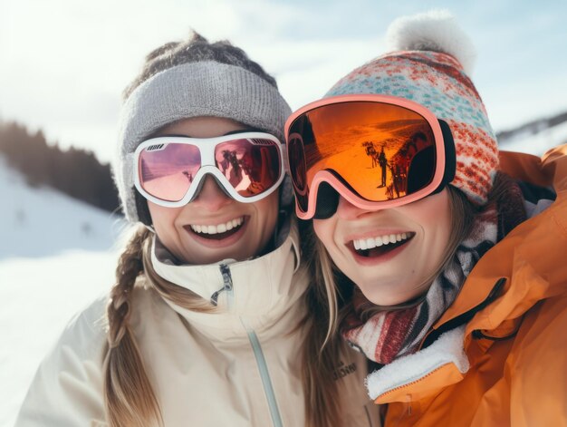 Photo snowboarders smiling young happy woman and man wear goggles mask hat ski