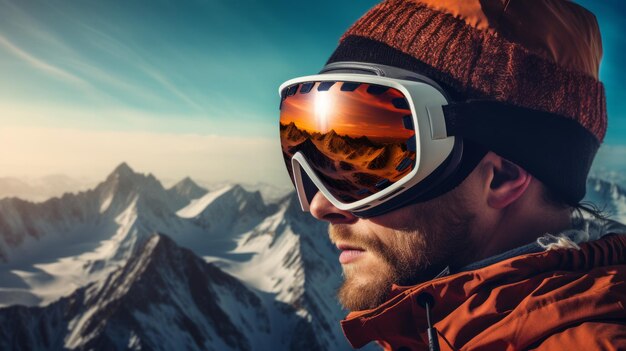 Snowboarding ski mask glasses with reflection of snowy mountains neural network ai generated