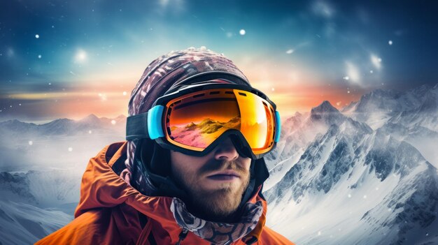 Snowboarding ski mask glasses with reflection of snowy mountains Neural network ai generated