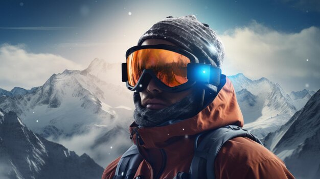 Snowboarding ski mask glasses with reflection of snowy mountains Neural network ai generated