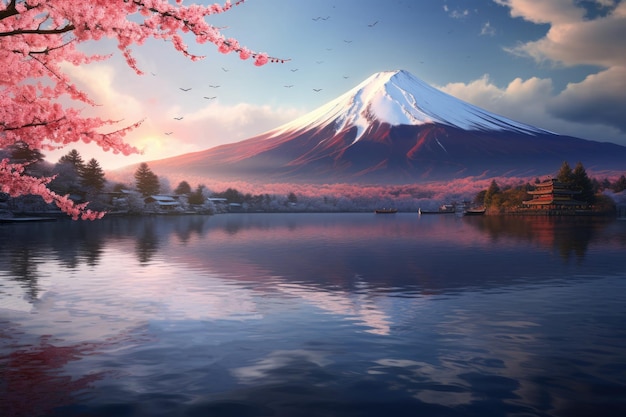 Snowcapped mountain peak mountain lake and cherry blossoms japanese landscape illustration