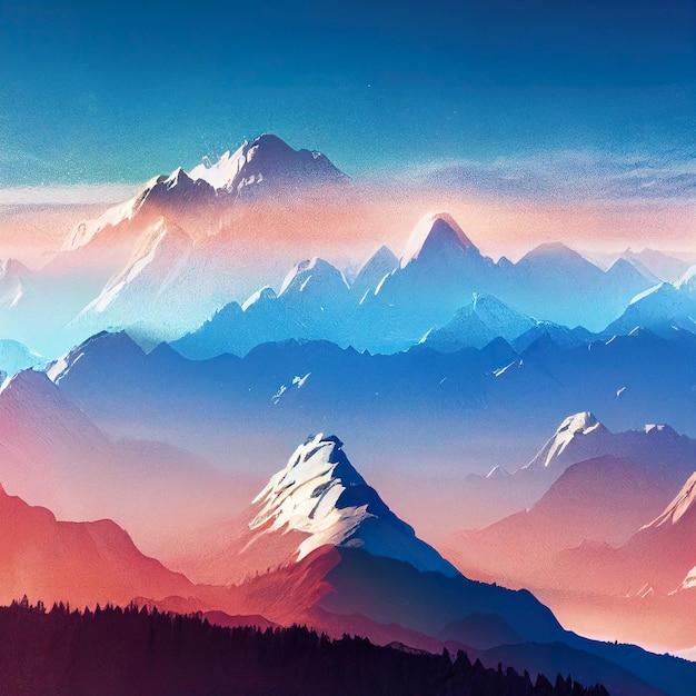 Snowcapped mountain peaks in winter Digital illustration