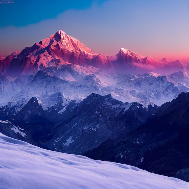 Snowcapped mountain peaks in winter Digital illustration