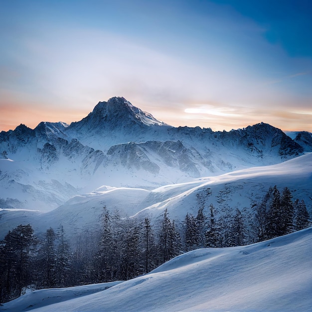 Snowcapped mountain peaks in winter Digital illustration