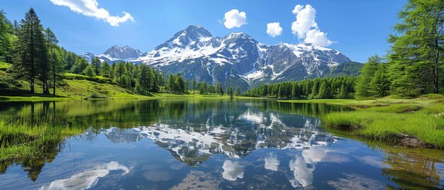 Snowcapped mountains reflected in a serene alpine lake surrounded by evergreen trees and clear blue sky