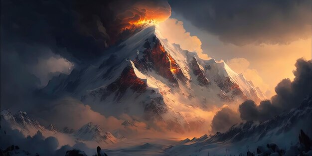 Snowcapped peaks of the majestic mountain emerging from the clouds in the light of the sunset