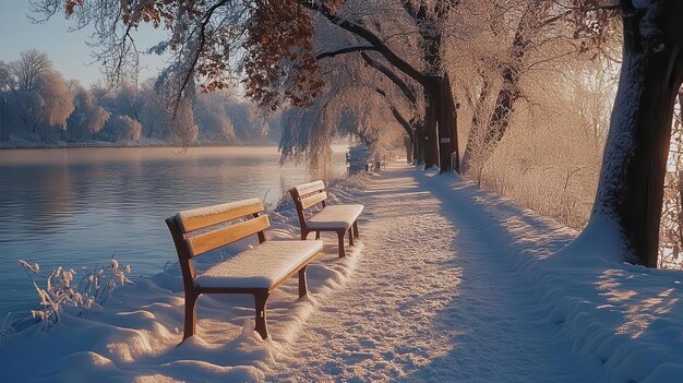 Snowcovered benches along the river with frost glittering on the trees and soft light illuminating