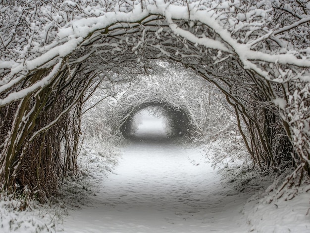 SnowCovered Branches Form An Archway Over A Path