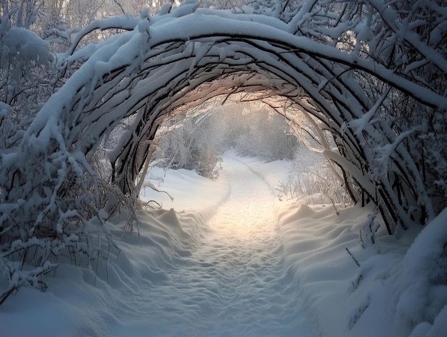 SnowCovered Branches Forming an Archway Over a Pathway