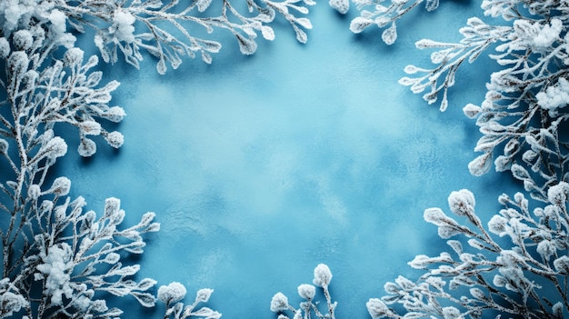 SnowCovered Branches Forming a Frame on a Blue Background