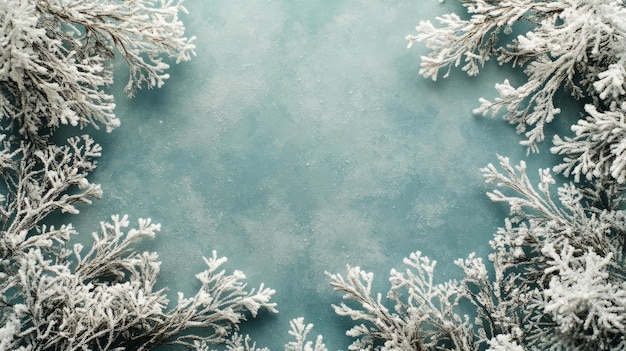 SnowCovered Branches Framing a Dusty Blue Background