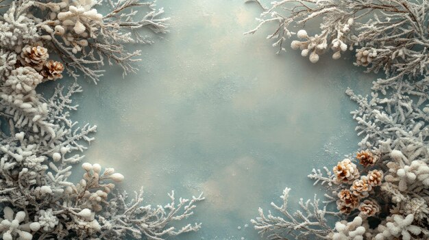 Photo snowcovered branches with pine cones on a blue background