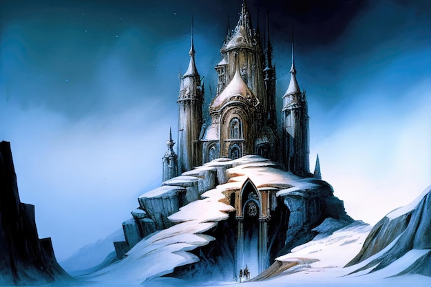 Snowcovered Castle On The Mountain Generative AI