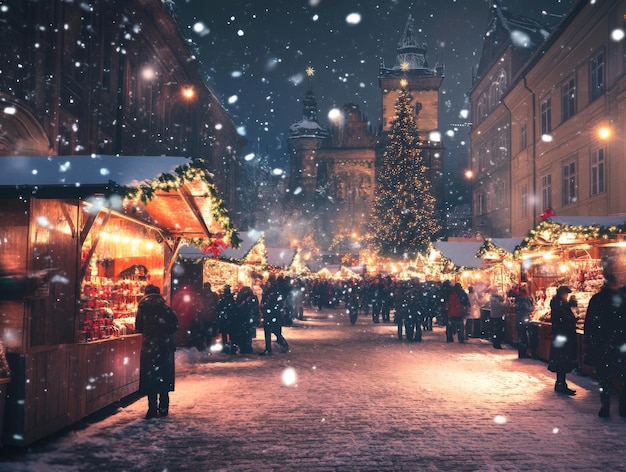 Snowcovered Christmas Market with Illuminated Christmas Tree