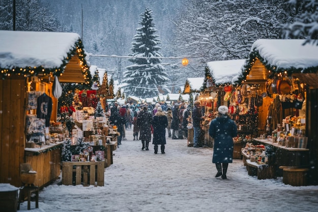 SnowCovered Christmas Market with People Shopping