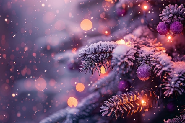 SnowCovered Christmas Tree Branch with Lights