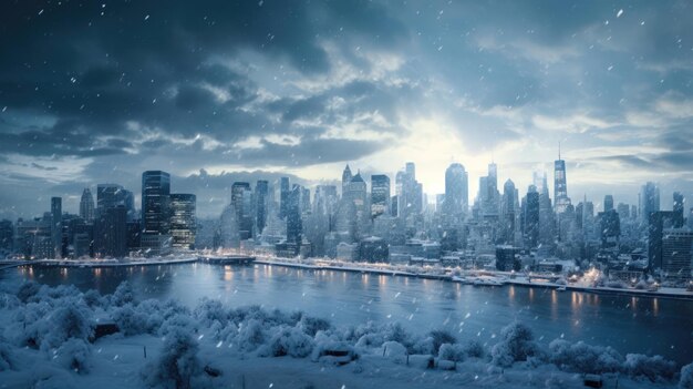 Photo snowcovered city tranquil winter scenes and city lights