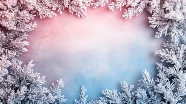 SnowCovered Evergreen Branches Framing a Pastel Pink and Blue Background