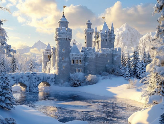 Photo snowcovered fairy tale castle in winter wonderland with majestic mountains and pine trees