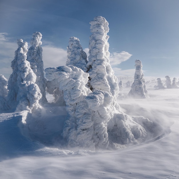 A snowcovered forest in the snow Mountain pines covered with snow in clear weather Winter