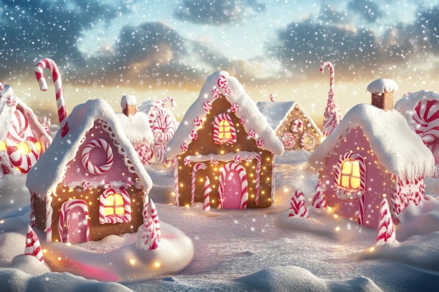 Snowcovered gingerbread houses in a Christmas village