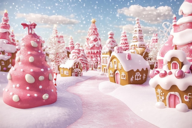 Snowcovered gingerbread village with Christmas trees