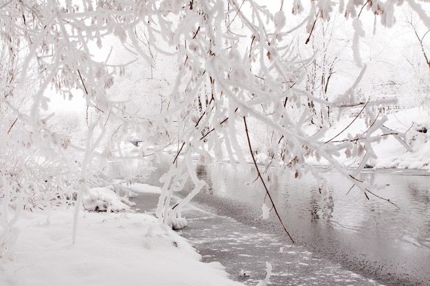 Snowcovered landscape of open spaces near the river snowy weather