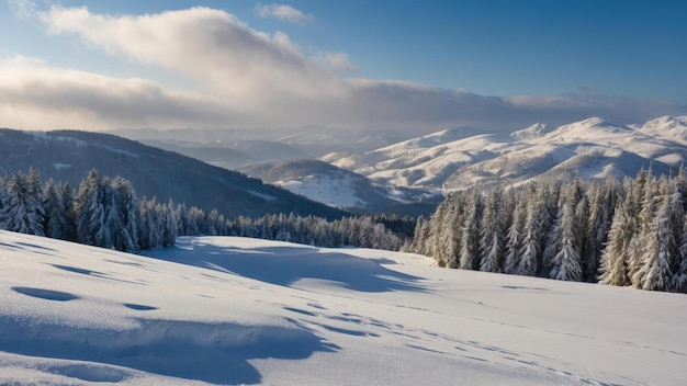 Snowcovered landscapes providing picturesque backdrop with snow laden trees and mountains