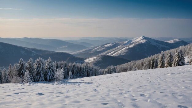 Snowcovered landscapes providing picturesque backdrop with snow laden trees and mountains