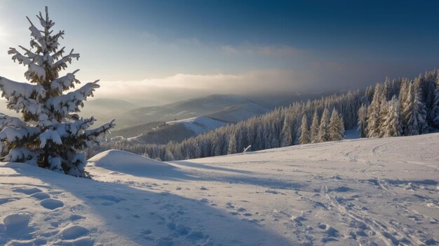 Snowcovered landscapes providing picturesque backdrop with snow laden trees and mountains