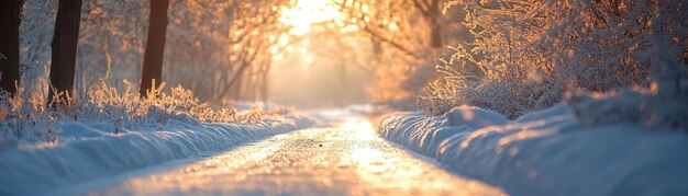 Photo snowcovered lanes in the morning light with the first light of the day casting a warm glow