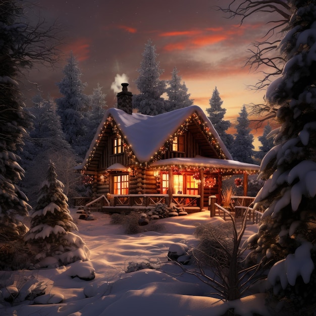 Snowcovered log cabin with a warm inviting glow