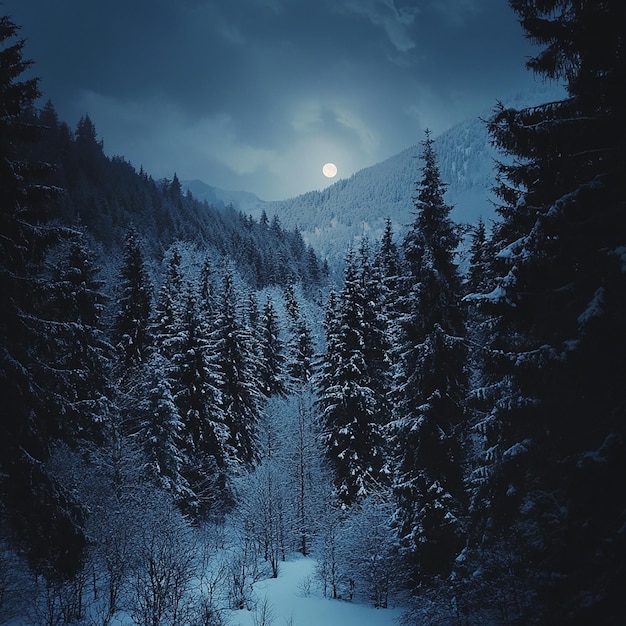 Photo snowcovered mountain forest at midnight