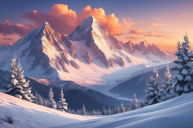 Snowcovered mountain peaks at sunset Beautiful winter landscape