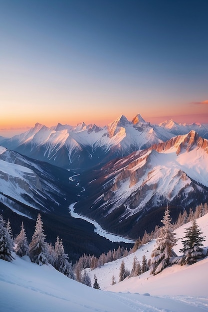 Snowcovered mountain peaks at sunset Beautiful winter landscape