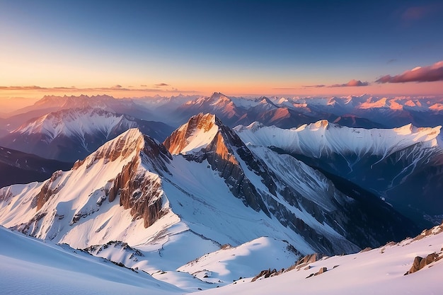 Snowcovered mountain peaks at sunset Beautiful winter landscape