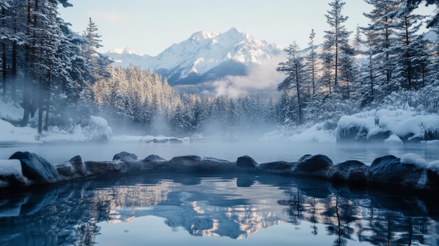 Photo snowcovered mountain range reflected in a tranquil winter lake