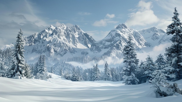 Photo snowcovered mountain range with pine trees in winter scene