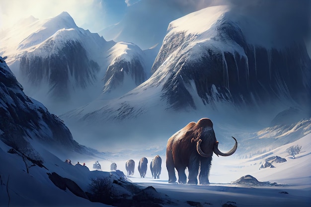 Snowcovered mountains with a herd of mammoths moving through the valley