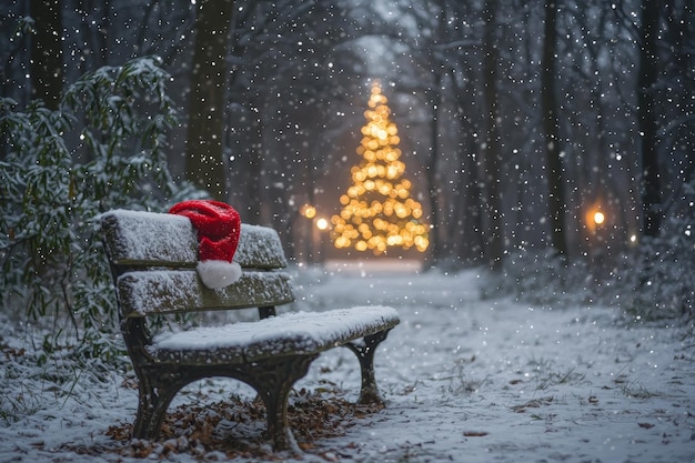 SnowCovered Park Bench with Santa Hat Setting a Festive Scene by Illuminated Christmas Tree