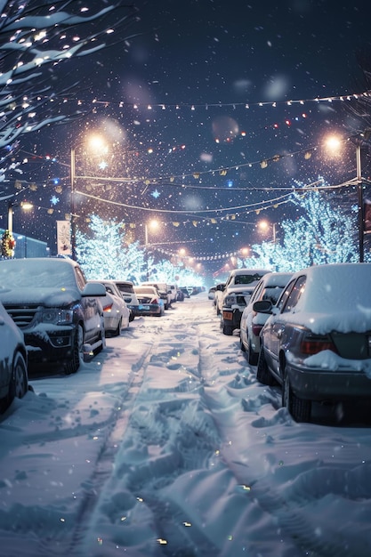 Photo snowcovered parking lot with holiday decorations early winter morning seasonal scene