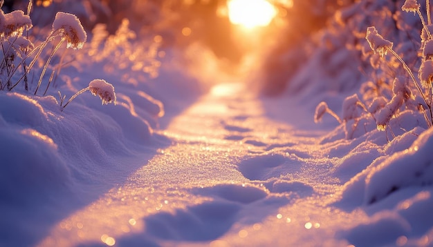 Photo snowcovered paths in the evening with the last rays of the sun