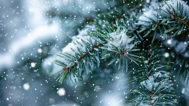 Snowcovered pine branch in winter peaceful nature scene