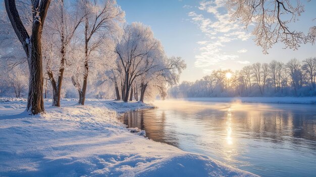 Snowcovered riverbank with frosty trees and a clear winter sky