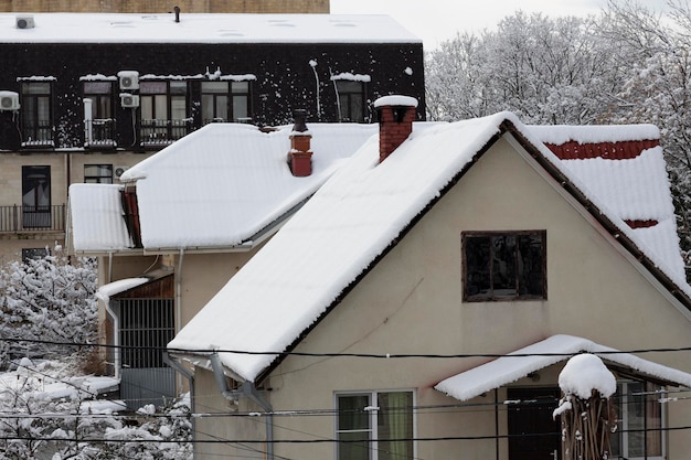 Snowcovered roofs of houses on a winter day after a snowfall